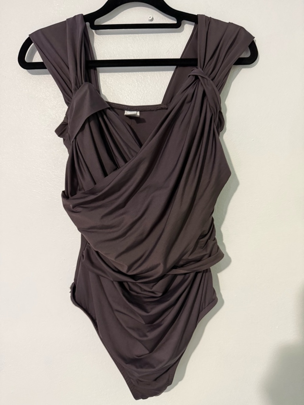 Badgley Mischka Draped One-Piece Swimsuit in Mauve Taupe